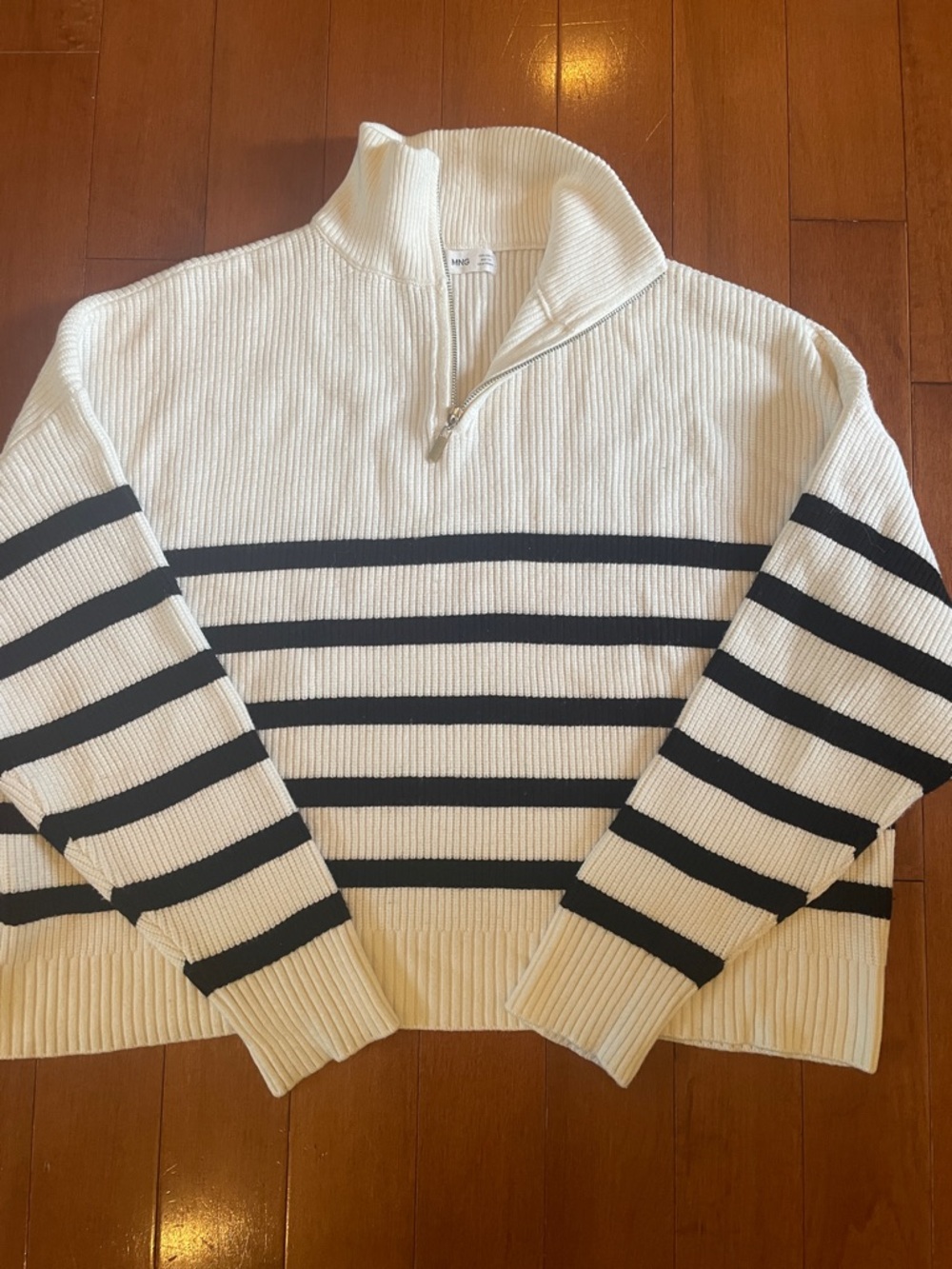 Mango Cream Half-Zip Sweater with Black Stripes